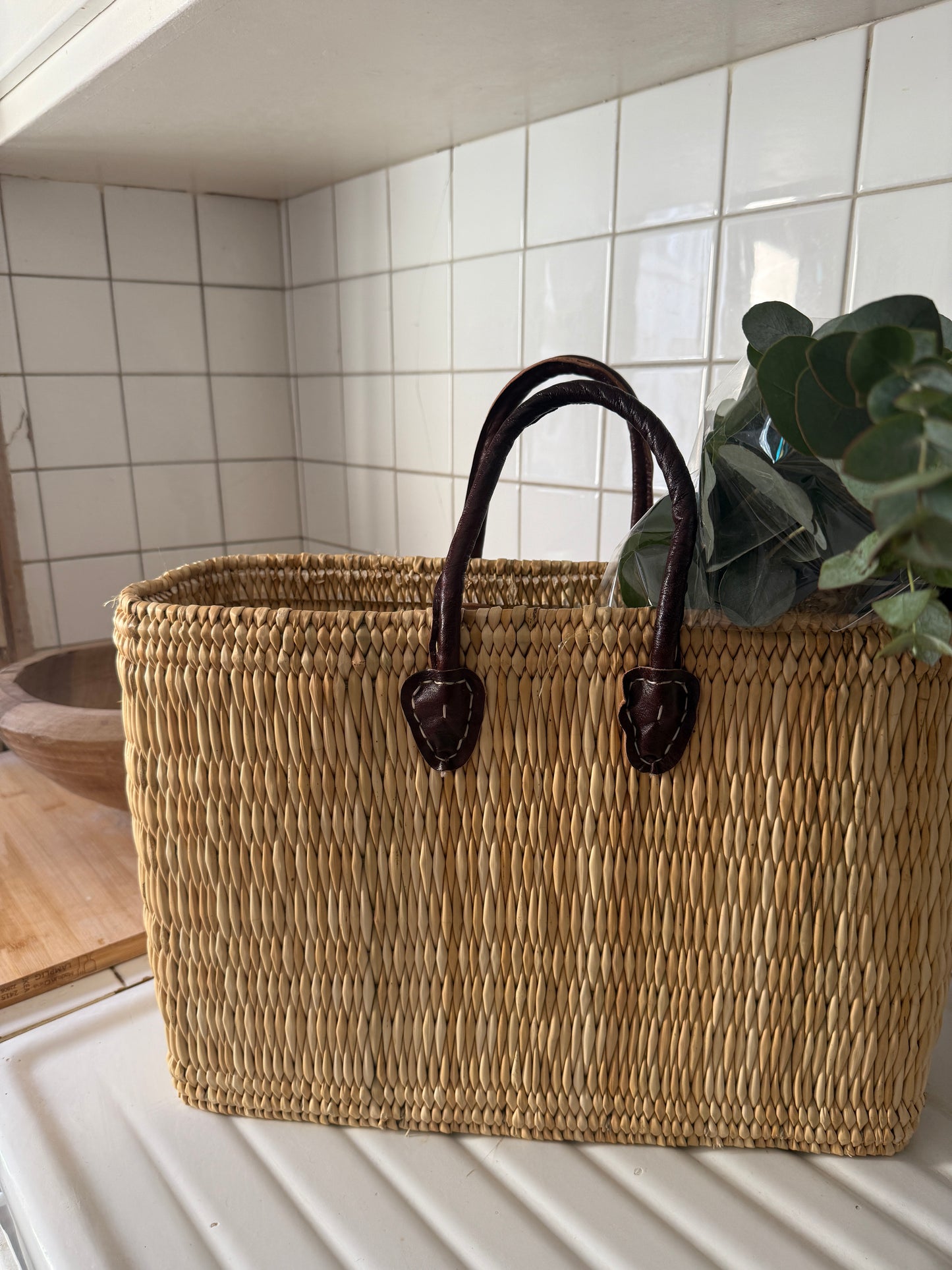 Market Basket with Recycled Leather Hand Straps
